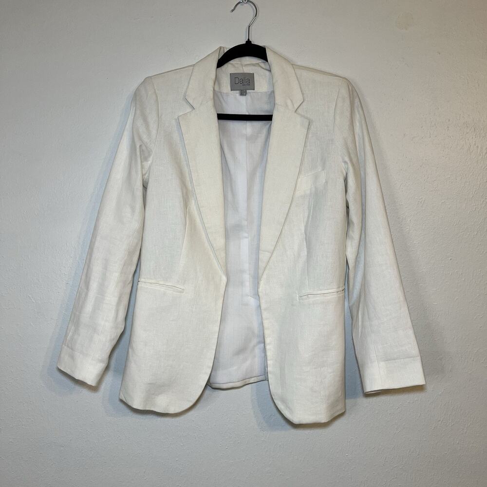 Dalia Women’s White Linen Blend Blazer Open Front Size Small Preppy Casual